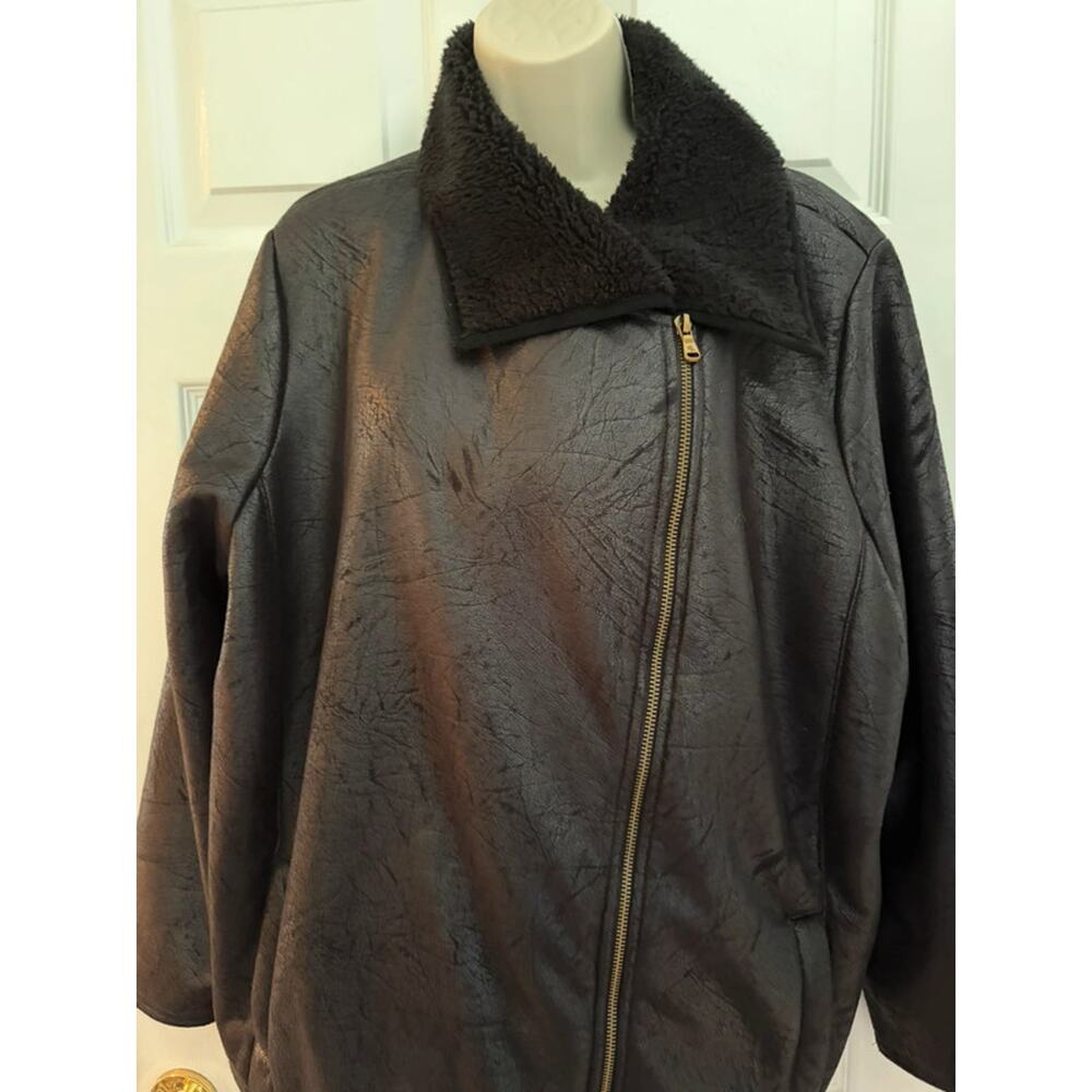 Lauren Ralph Lauren Faux Leather Sherpa Jacket Black 2X Cozy Zip Coat Plus biker